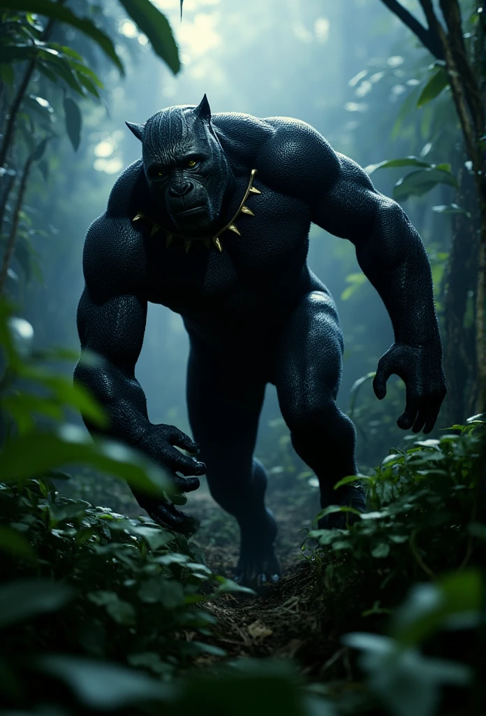 ((masterpiece)) ((photography)) ((Highest quality)) Black Panther transformed into an agile gorilla, with sleek black fur and a vibranium suit embedded into his body. His eyes are focused, and his claws are sharpened, ready for action. The gorilla Black Panther prowls through a dense jungle, with his stealthy movement blending perfectly with the environment, his vibranium-enhanced abilities shimmering in the moonlight.