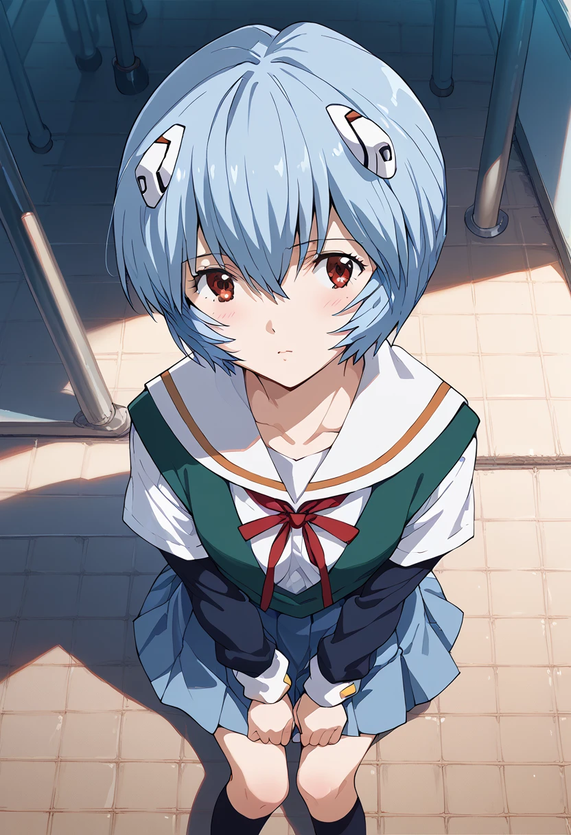 masterpiece, high definition , top quality,8k
(Rei Ayanami,young)
(school uniform)(椅子に座る) from above