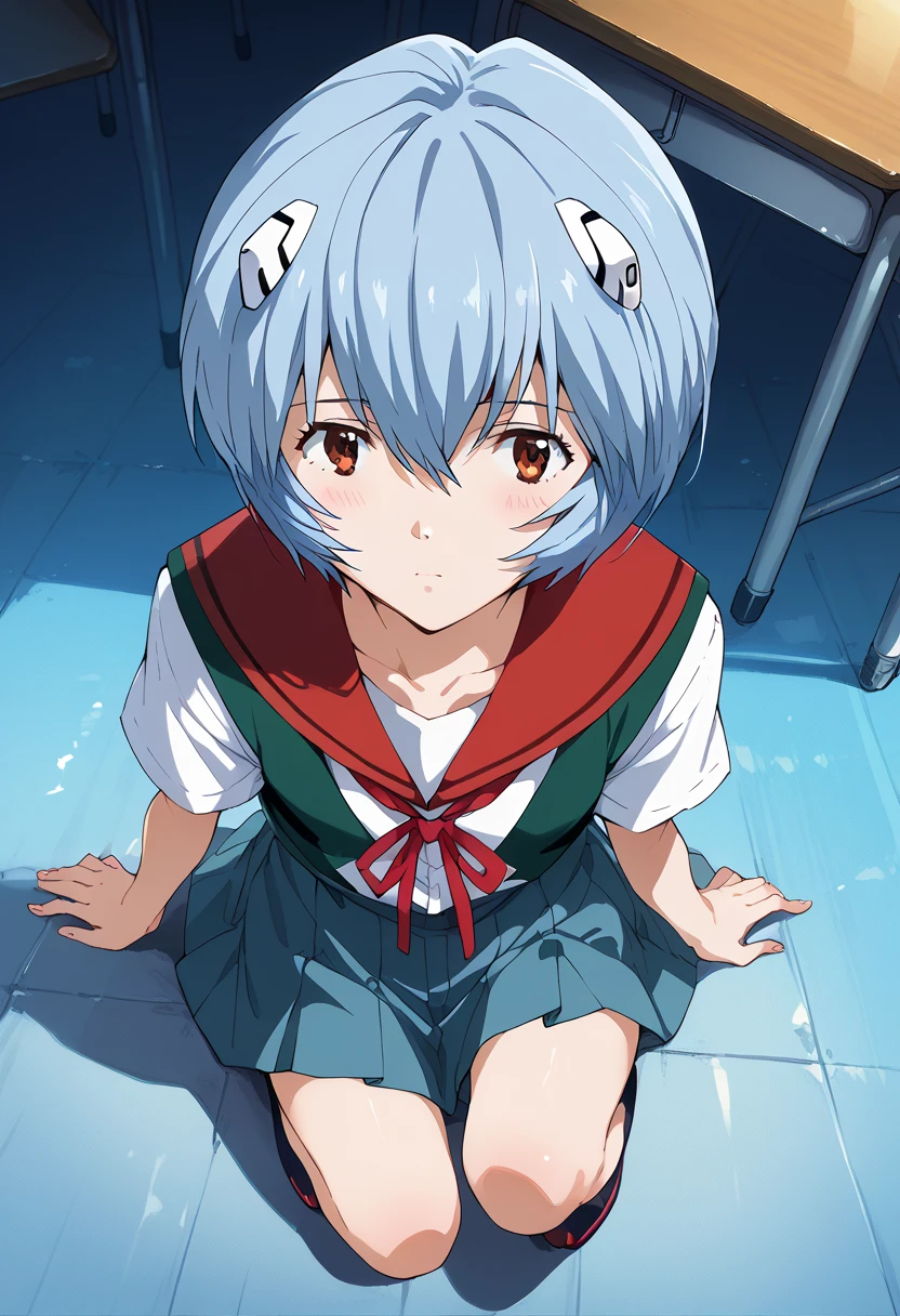 masterpiece, high definition , top quality,8k
(Rei Ayanami,young)
(school uniform)(椅子に座る) from above