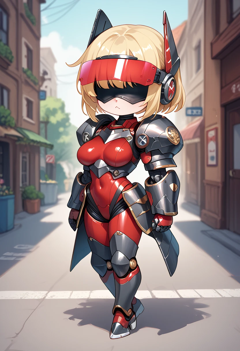 ((masterpiece)), 1girl, solo, robot body, armored arms, armored legs, red bodysuit, ((black armor)), eyes and nose hidden with visor, V shaped visor, medium breasts, blonde hair, tinted visor, no eyes, no ears, in capsule, cute, shortstack, chibi, blindfold visor, standing, dead.