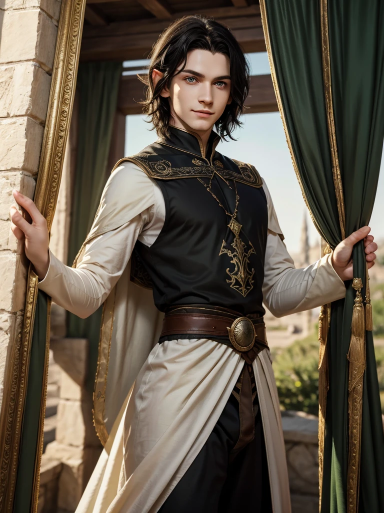 (best quality), 1boy, male, pale skin, black hair, medium hair, curtain hair, tousled hair, green eyes, perfect eyes, dark circles under eyes, light smile, (elf), pointed ears, fantasy clothes, masterpiece, anatomically correct, highres
