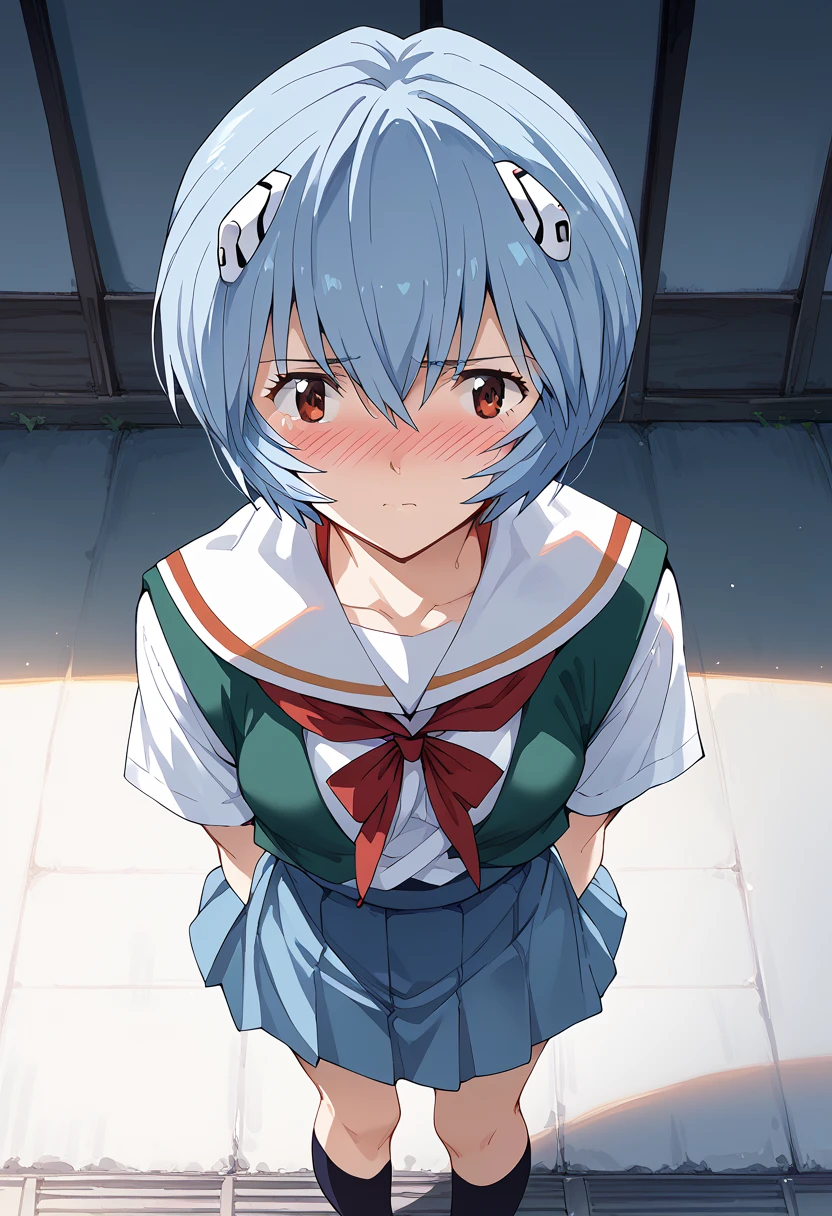 masterpiece, high definition , top quality,8k
(Rei Ayanami,young)
(school uniform)(椅子に座る) from above,I'm embarrassed to zoom up on my face