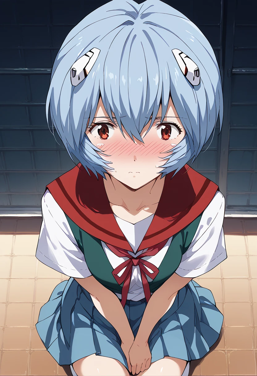 masterpiece, high definition , top quality,8k
(Rei Ayanami,young)
(school uniform)(椅子に座る) from above,I'm embarrassed to zoom up on my face