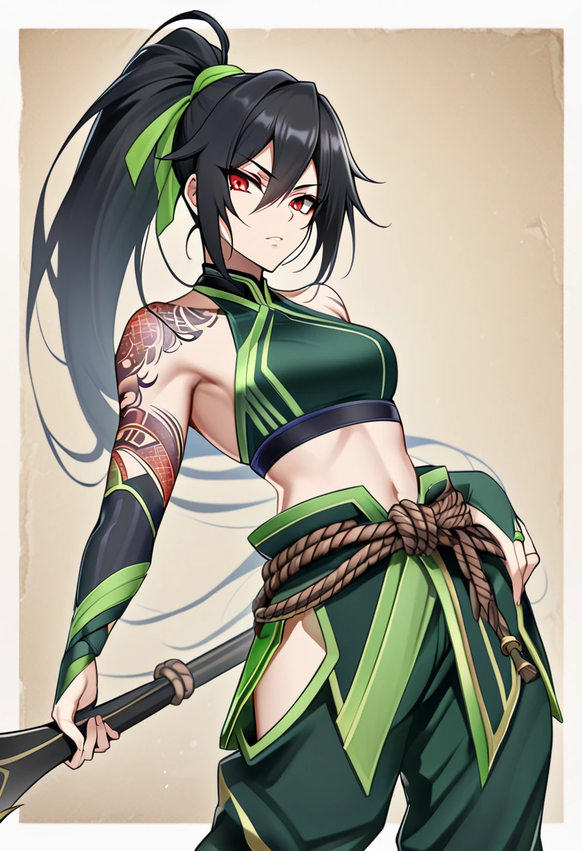 AkaliDefault, red eyes, black hair, long hair, high ponytail, tattoo, green ribbon, hair ribbon, green crop top, halterneck, green gloves, bridal gauntlets, rope belt, green pants, hip vent