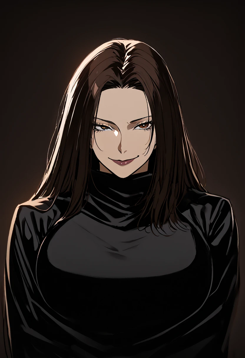 1 female, long dark brown straight hair, jujutsu Kaisen with formal black dress, big breast, look towards&#39;Before, background light with black strip, smirking