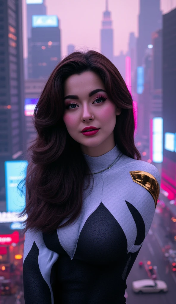 portrait of Hania Amir, dark black hair, as a spider gwen, busy city street,4K quality, focused portrait, tight costume, sexy curves, cyberpunk, hard nipple pokies