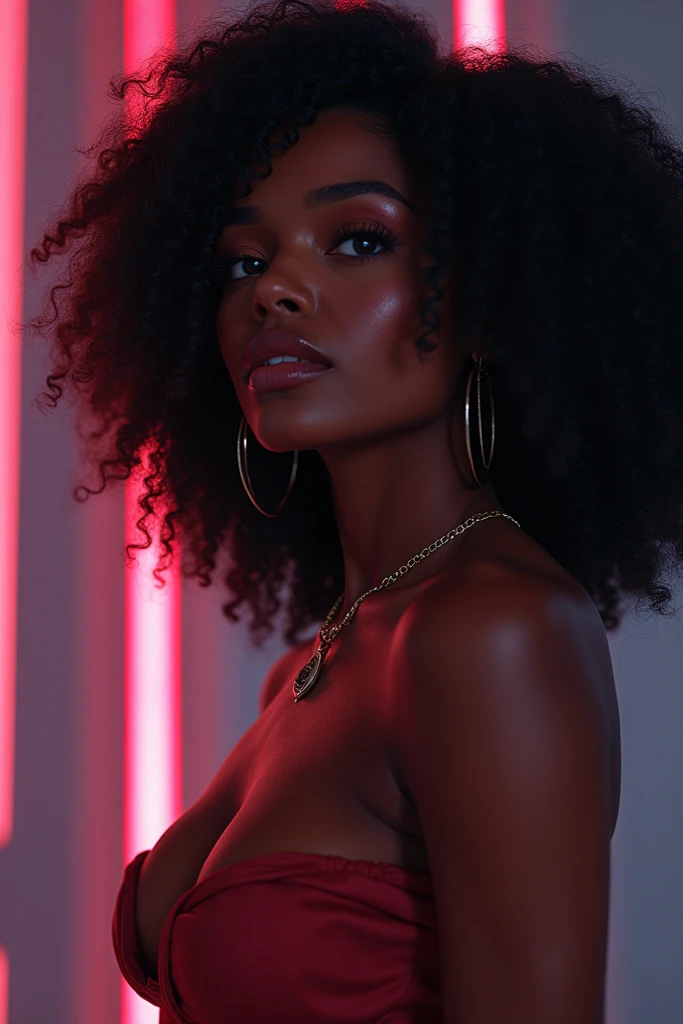 A 2 Black woman is depicted fully nude, seated with her legs spread apart and facing directly towards the camera. Her long, curly hair is jet black with striking neon pink streaks, creating a vivid contrast against her dark skin, which features vitiligo—a chronic autoimmune condition characterized by white patches scattered across her otherwise dark complexion.

With a sensual and provocative gaze, the woman looks downward to her left, her expression exuding deep desire. She gently bites her lower lip, enhancing her alluring and seductive demeanor. Lightly touching her hair with one hand, she adds an extra layer of sensuality to her posture. Her seated position with legs spread emphasizes her fully nude form, making her exposed body the focal point of the image.

Her blue eyes stand out vividly, adding to the captivating nature of her expression. The background is a luxurious black satin, providing a rich texture that contrasts beautifully with her exposed form. The image is captured with a high-resolution camera equipped with a 50mm prime lens, set to an aperture of f/2.0 for a sharp focus on the model, allowing her fully exposed figure to be the center of attention while softly blurring the background. The shutter speed is set to 1/200 seconds, and the ISO is adjusted to 100 to preserve the clarity of every detail of her nude form.

The scene is illuminated with a softbox placed at a 45-degree angle in front of the woman and slightly above eye level, providing soft, diffused light that accentuates her dark skin and vitiligo patches, as well as her hair. A fill light on the opposite side gently softens shadows, while a background light subtly highlights the texture of the satin backdrop, enhancing the overall elegance of the composition. Additional accent lights are carefully positioned to highlight the vibrant neon pink streaks in her hair and the intensity of her expression.

In post-processing, contrast and sharpness are meticulously adjusted to enhanc