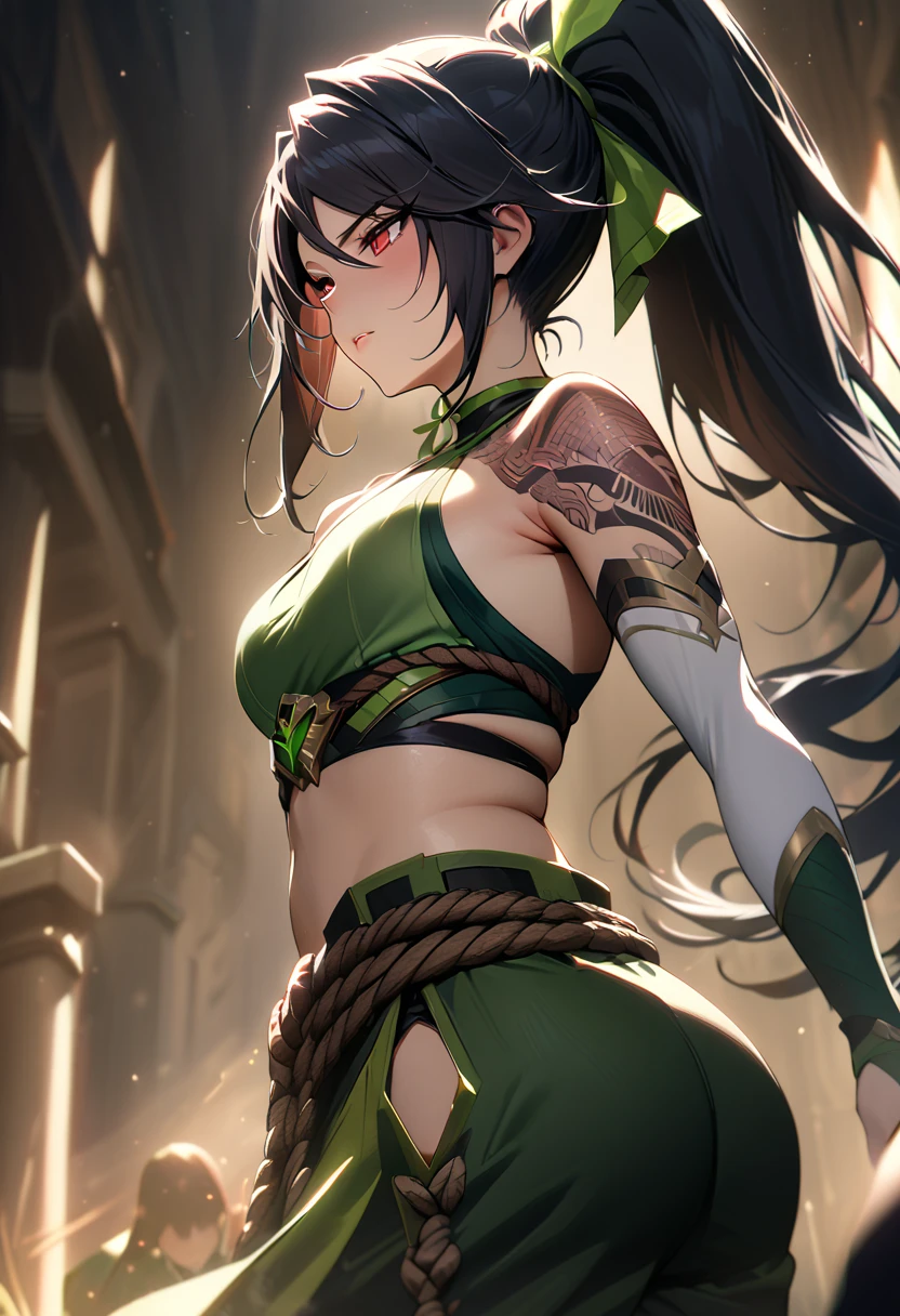 AkaliDefault, red eyes, black hair, long hair, high ponytail, tattoo, green ribbon, hair ribbon, green crop top, halterneck, green gloves, bridal gauntlets, rope belt, green pants, hip vent, green mask, masterpiece, cinematic light, highly detailed