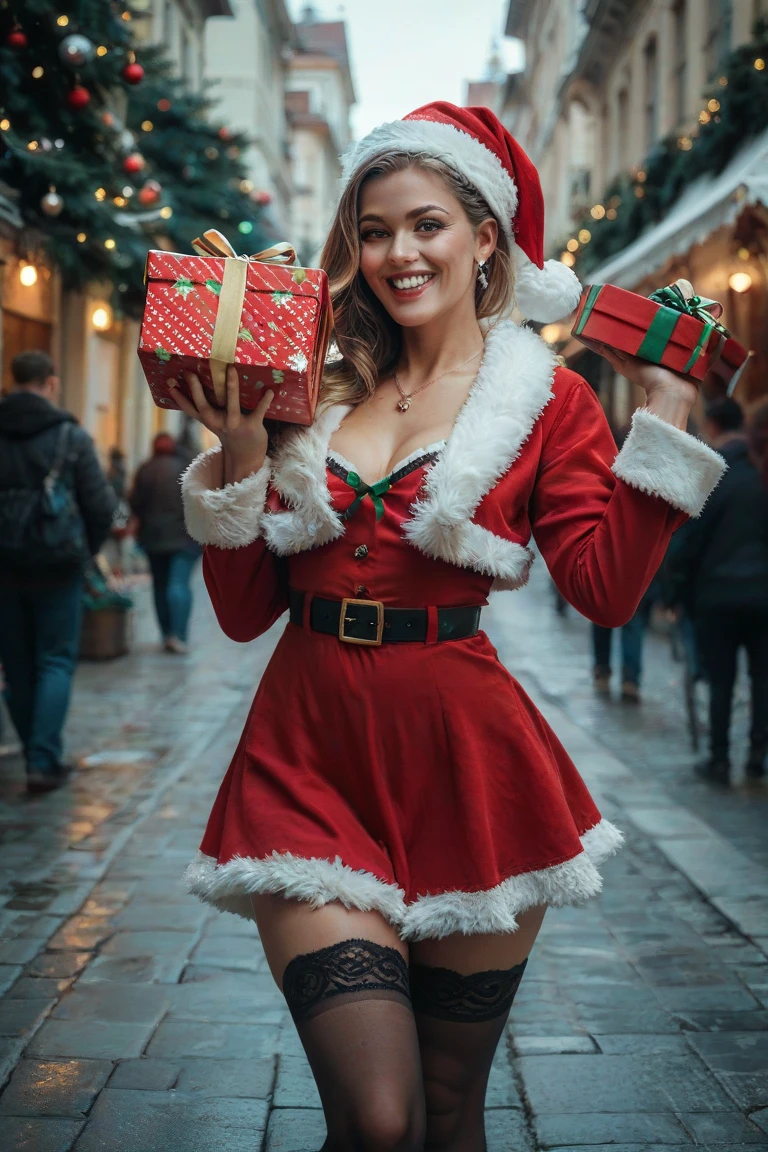 A happy Santa Claus delivering presents across the chimneys in the city