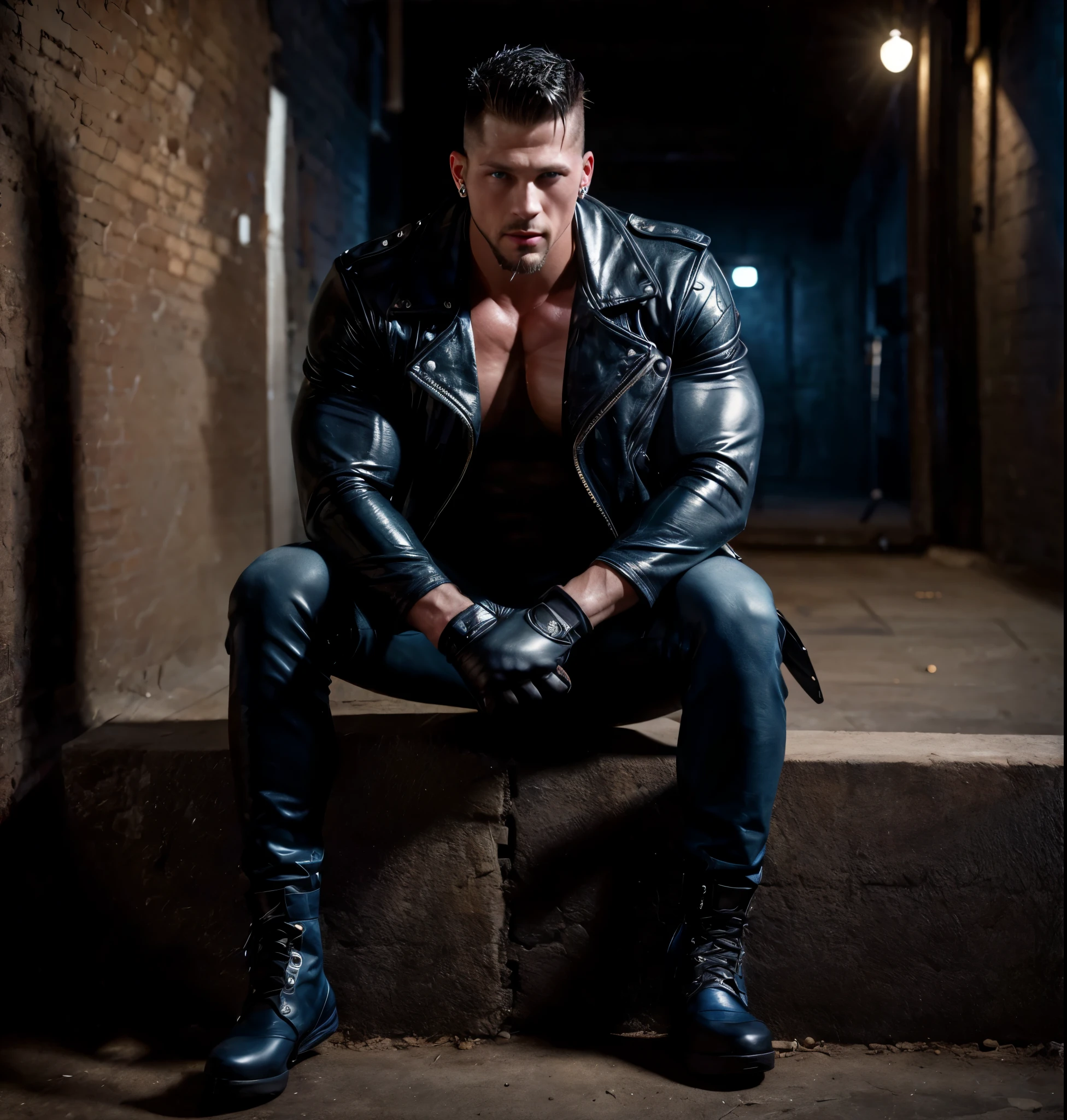 Roman Todd mohawk, goatee, diamond earrings, huge muscles, latex gloves, highly detailed, photorealistic, 8K, HDR,