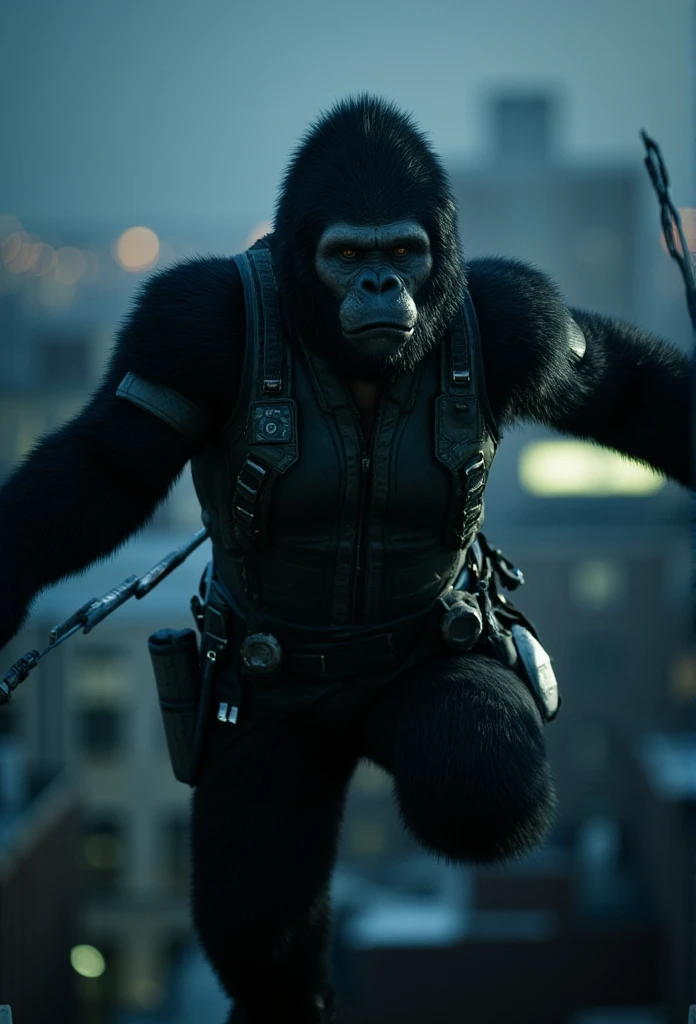 ((masterpiece)) ((photography)) ((Highest quality)) Black Widow as a fierce, agile gorilla, with sleek black fur and a dark tactical suit adorned with belts and pouches. The gorilla Black Widow wields dual batons, her eyes focused and calculating, ready to strike with precision. The background shows a shadowy, urban environment as the gorilla leaps from rooftop to rooftop, blending into the night like a true assassin