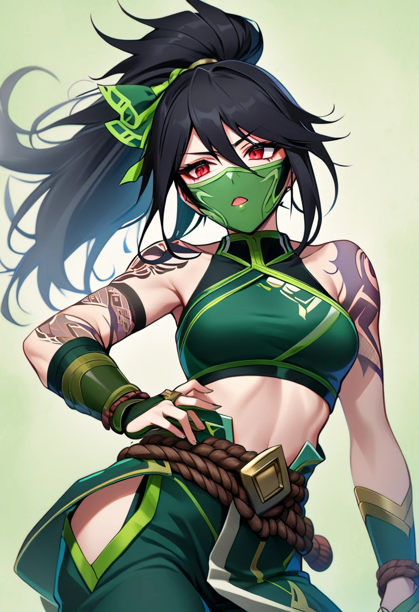 AkaliDefault, red eyes, black hair, long hair, high ponytail, tattoo, green ribbon, hair ribbon, green crop top, halterneck, green gloves, bridal gauntlets, rope belt, green pants, hip vent, green mouth mask