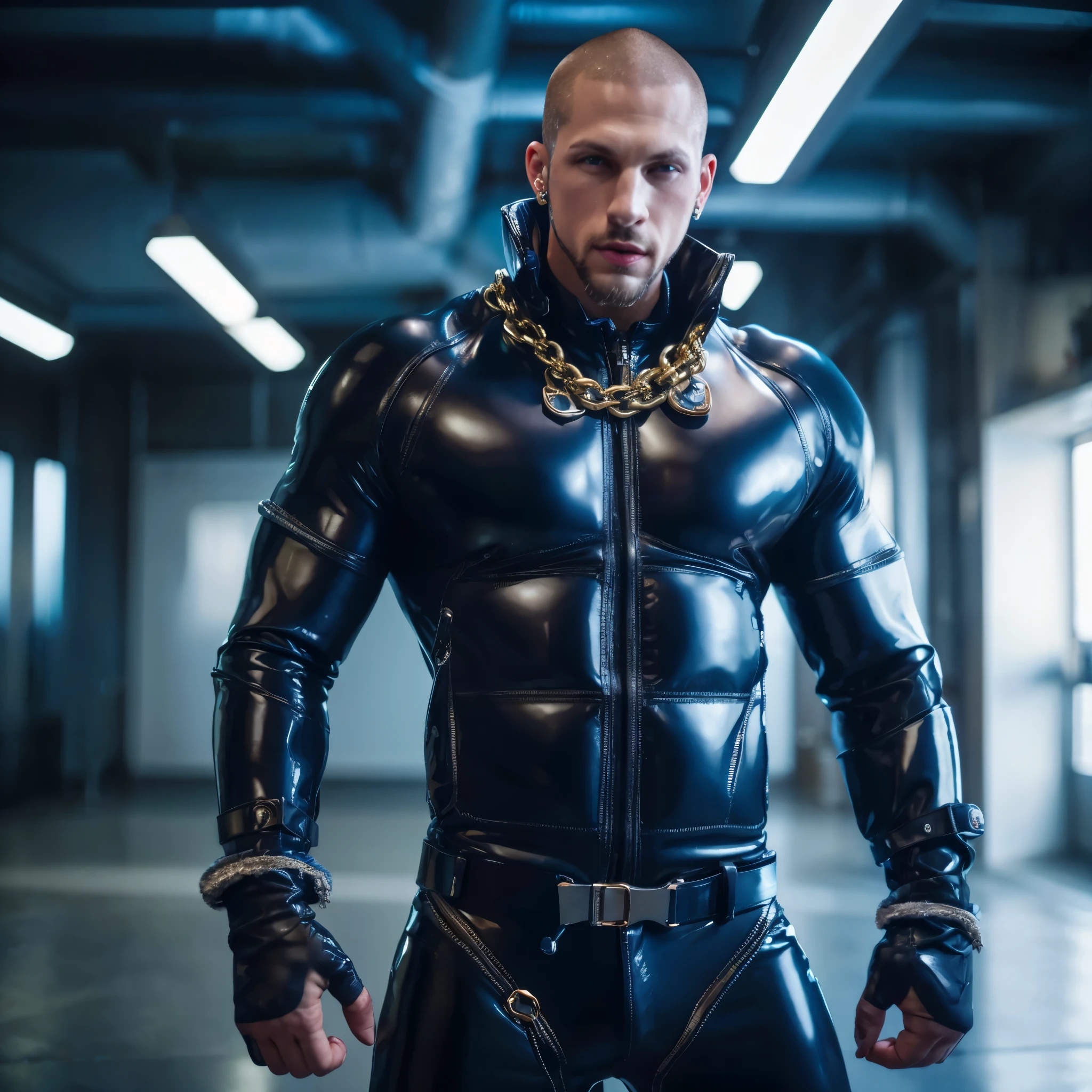 Roman Todd buzzed hair, goatee, diamond earrings, huge muscles, latex gloves, highly detailed, photorealistic, 8K, HDR,