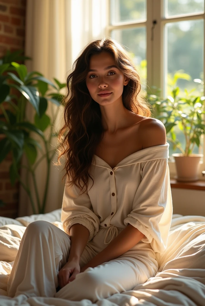 (photorealism:1.2), beautiful woman, sitting on bed, wearing loose off-shoulder top, pajama pants, long curly hair, indoors, soft lighting, plants in background, window with sunlight, cozy room, relaxed pose, realistic, intricate details, warm colors, by Greg Rutkowski, by Alphonse Mucha