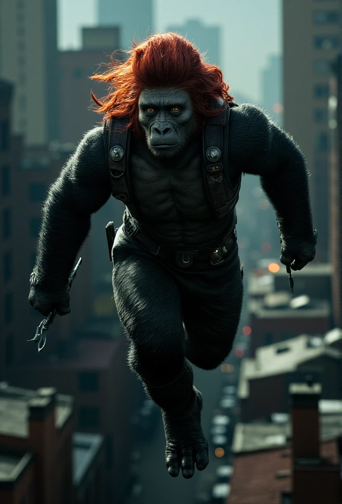 ((masterpiece)) ((photography)) ((Highest quality)) Black Widow as a fierce, agile gorilla, with sleek black fur and a dark tactical suit adorned with belts and pouches, she has redflowing hair. The gorilla Black Widow wields dual batons, her eyes focused and calculating, ready to strike with precision. The background shows a shadowy, urban environment as the gorilla leaps from rooftop to rooftop, blending into the night like a true assassin