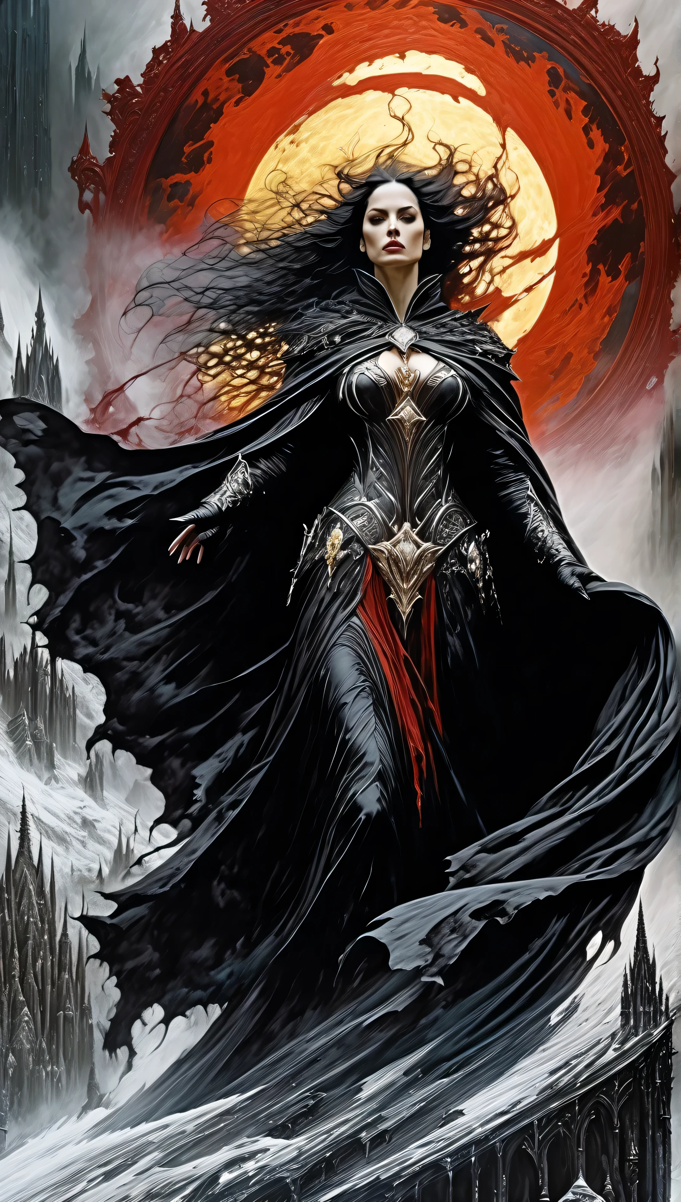  ultra wide angle ,  photorealistic photography and medieval Gothic of an exciting fusion between Spawn and Lady Death , resulting in a new character that incorporates elements of both her hair and is fluid like the Spawn cape and does not cover her head, people, see.  Black ink flow - photorealistic masterpiece of 8k resolution - by Aaron Horkey and Jeremy Mann - Intricately detailed. Fluid gouache painting calligraphy: acrylic: Colorful watercolor,  cinematic lighting ,  maximalist photographic illustration : for Martin Bobzert:  conceptual art in 8K resolution , intricately detailed realism , Complex, elegant, expansive,  fantastic and psychedelic , ink dripping ,  in the abyss of empire ownership , night, blood moon, buildings, reflections