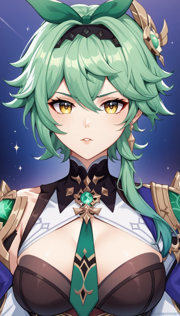  top quality, masterpiece,  high definition , Alone,Eurua {_genshin:1.15}, green_hair, 前hair, hairband, chest, black_hairband,  skindent_hair, hair_ ornament, , yellow_eye, big_chest,  Purple _eye,  1 girl,  on AM_in_viewer,  ties, green_ ties, closure_mouth, vision_\(genshin_ impact during delivery\), hair_Betweens _eye,  portrait、 hermaphrodite