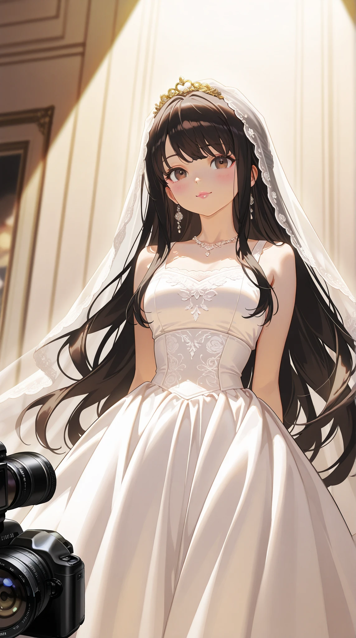 A beautiful young Korean woman is posing in a professional photography studio, wearing an elegant white wedding dress. The dress is intricately detailed with lace patterns, delicate embroidery, and shimmering beads that reflect the studio's soft lighting. Her long black hair is styled in loose waves, cascading over her shoulders, with a few strands framing her oval-shaped face. She wears a subtle yet radiant makeup look, emphasizing her almond-shaped dark brown eyes, rosy cheeks, and natural pink lips. 

Her graceful posture exudes confidence and elegance as she slightly turns her body to face the camera, with one hand gently holding the edge of her flowing dress. The gown features a fitted bodice, highlighting her slim waist, and a voluminous skirt that trails behind her, giving a classic bridal silhouette. A delicate veil drapes over her back, adding a touch of tradition and sophistication to her modern bridal look. 

The studio setup includes a neutral backdrop with soft white and beige tones, complemented by strategically placed lights that cast a warm glow, accentuating the details of the dress and her natural beauty. The floor is polished wood, and a soft spotlight focuses on her, creating a dreamy, cinematic atmosphere. Around her, professional cameras and lighting equipment can be seen, emphasizing the professional photography session. The overall composition is elegant and timeless, capturing the essence of bridal beauty and the joy of a special day.
(anime style 32K, HDR, UHD, intricate detail, extremely intricate detail, hyperrealistic, extremely realistic, high quality, vivid color, extremely detailed).