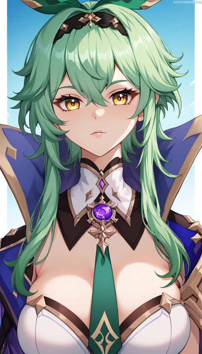  top quality, masterpiece,  high definition , Alone,Eurua {_genshin:1.15}, green_hair, 前hair, hairband, chest, black_hairband,  skindent_hair, hair_ ornament, , yellow_eye, big_chest,  Purple _eye,  1 girl,  on AM_in_viewer,  ties, green_ ties, closure_mouth, vision_\(genshin_ impact during delivery\), hair_Betweens _eye,  portrait、 hermaphrodite