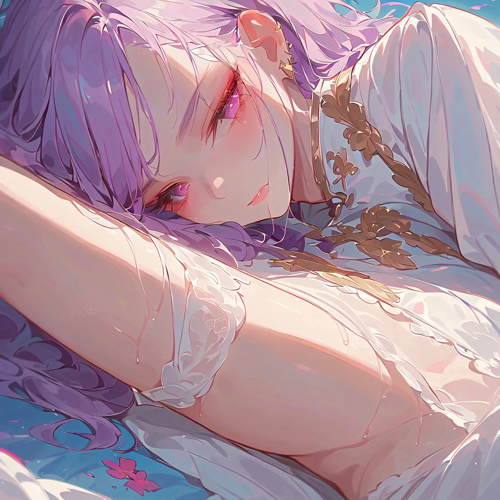 sex(1 boy, 1girl, orgasm, convulsions, nsfw), cure slave(magical girl, blue eye, purple hair, long straight hair, dark purple dress, gold vertical line in black coat, kneeling), (((leaning back)))