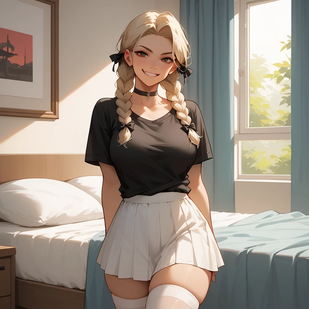 SFW, masterpiece, best quality, perfect_eyes, perfect face, high quality, 1girl, solo, smirk, mischeavous, standing, looking_at_viewer, cowboy_shot, red_hairs, black_eyes, twin_braids, hair_bow, black_bow, big_breasts, black_shirt, tugged_shirt, white_skirt, white_thighhighs, thighs, black_choker, bedroom_setting, bed, window