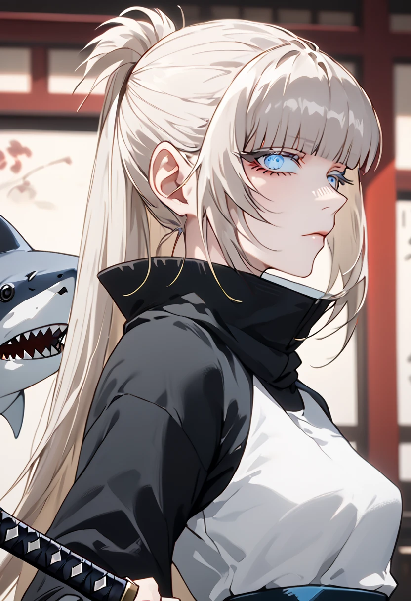 Anime style, 1 girl, 1 sexy girl, white pale skinned girl, porcelain skin, blue eyes, (HAIR: light blonde straight cut, long length, full bangs covering eyebrows, side framing fringe, extra long hair ) (BODY: half shark girl, neck gills, arm fins, dorsal shark fin )(best quality, 4k, 8k, highres, masterpiece:1.2), ultra-detailed, HDR, UHD, studio lighting, detailed eyes, ultra-fine painting, sharp focus, physically-based rendering, extreme detail description, professional, vivid colors, in a dojo, holding a katana, score_9, score_8_up, score_9_up, source_anime