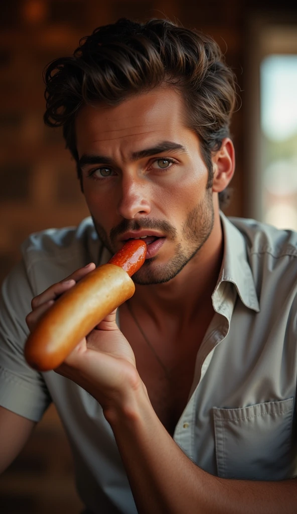 A sexy handsome man with a perfect erect penis, handsome face, eating a hot dog 