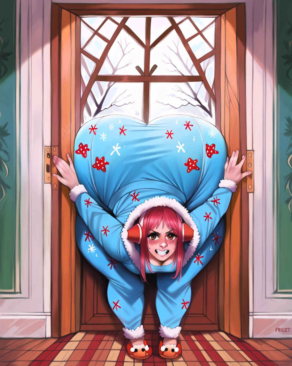 score_8_up, score_7_up, indoors, door, wearing warm one piece christmas pajamas and slippers, fully clothed,by paloma_piquet
BREAK
woman,  wide hips, gigantic ass, frontstuck  