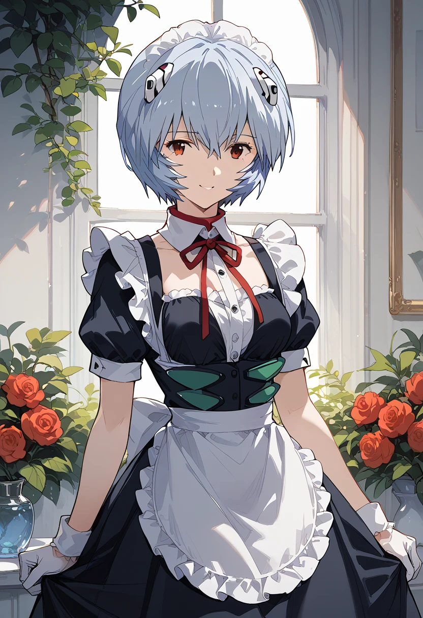 masterpiece, high definition , top quality,8k
(Rei Ayanami,young)smile
( black maid clothes,White brim)
