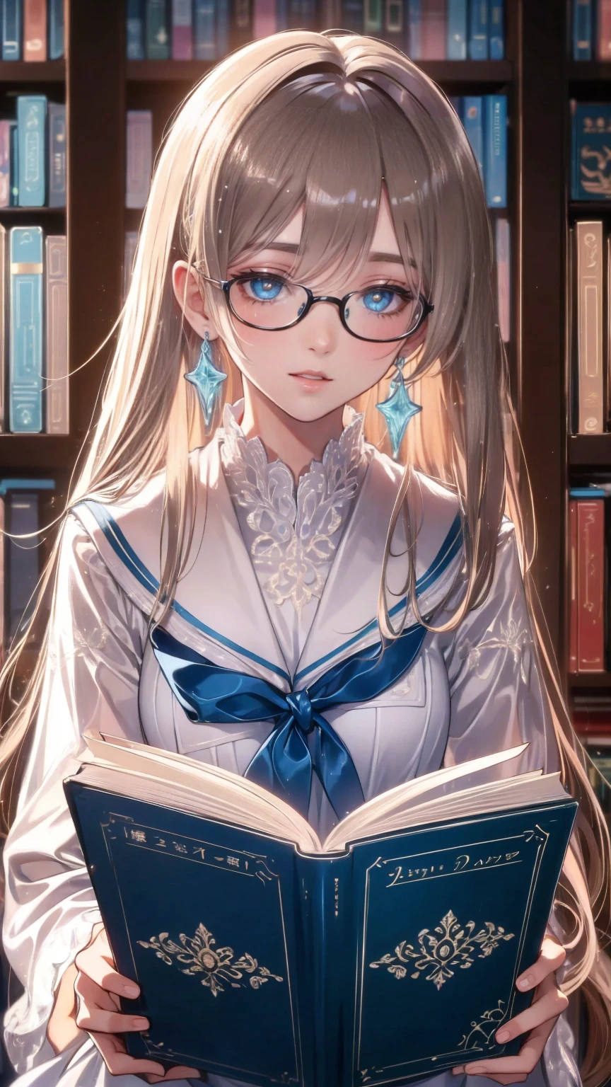 (masterpiece), (best quality), ((very detailed)), (very delicate), (A young girl),****************, ash short hair. Soft, shiny hair. Clear cyan droopy eyes, long bangs covering her eyes. Wears glasses to avoid eye contact., Neat sailor uniform with a luxurious red ribbon at the neck, Luxurious room with bookshelves and fancy furniture. Often reading books,Shy, always looking down, lacking confidence, on the verge of tears