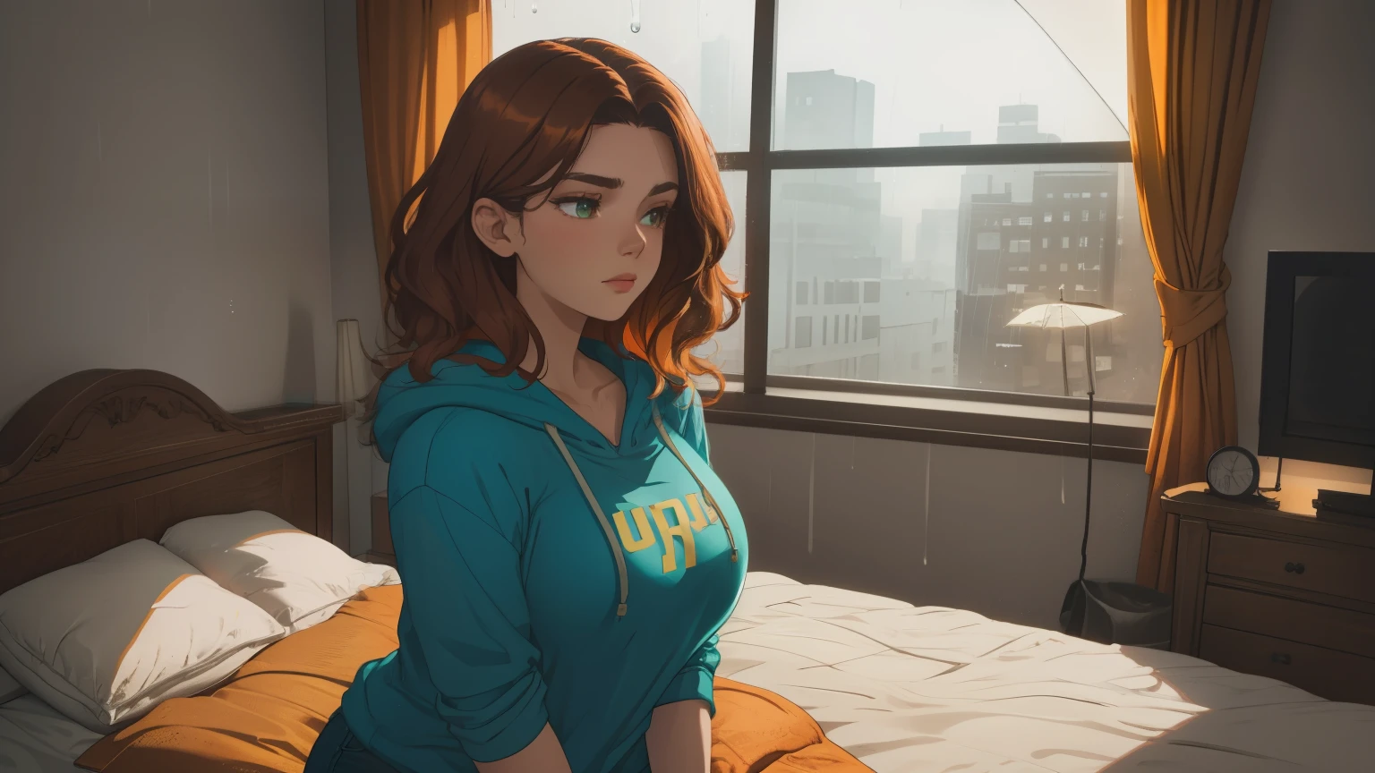 "A cozy and cinematic bedroom with a dark, rainy atmosphere featuring A woman medium boobs with short wavy auburn hair, wearing a lush cream hoodie and fit jeans laying on the bed. The room is illuminated by moody neon lights in shades of warm orange and teal, casting a soft glow on the walls. A vintage classic TV is playing static or an old movie, adding a nostalgic touch. Through the large glass window, heavy rain is visible, with water droplets streaming down the glass, creating a calming ambiance. The room features minimalistic furniture, with a comfortable bed and a small nightstand. The scene is rich with detail, evoking a sense of solitude and serenity."
