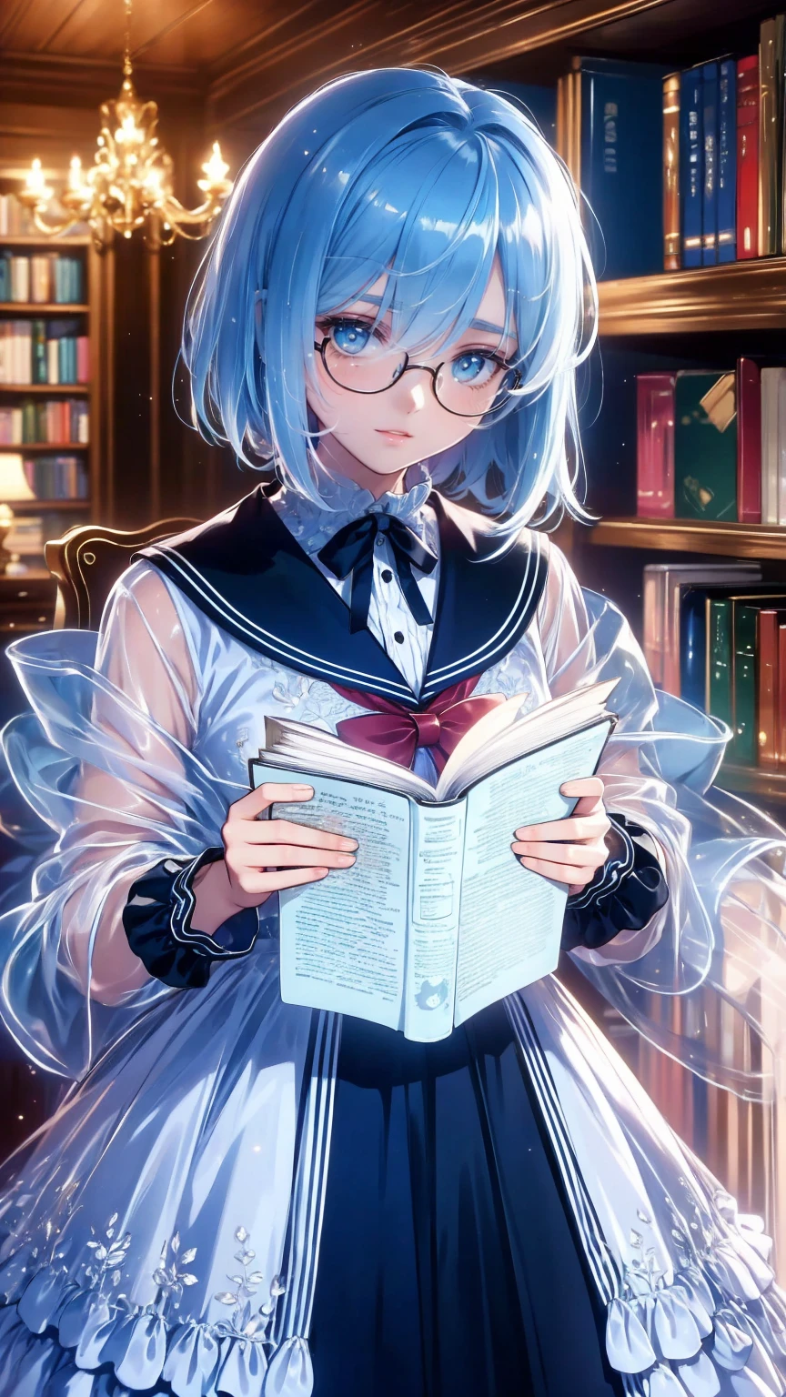 (masterpiece), (best quality), ((very detailed)), (very delicate), (A young girl),****************, ash short hair. Soft, shiny hair. Clear cyan droopy eyes, long bangs covering her eyes. Wears glasses to avoid eye contact., Neat sailor uniform with a luxurious red ribbon at the neck, Luxurious room with bookshelves and fancy furniture. Often reading books,Shy, always looking down, lacking confidence, on the verge of tears