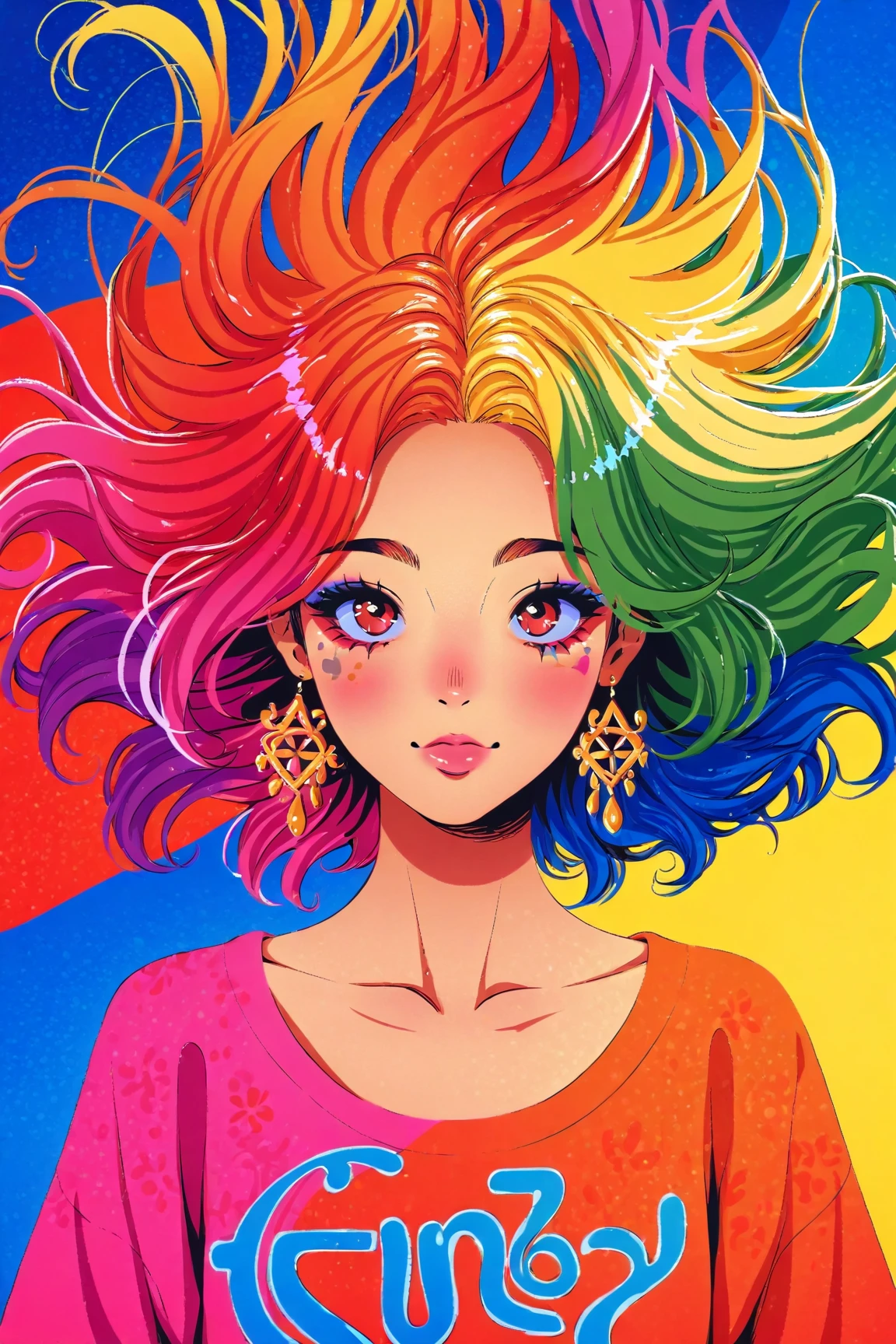 Create pop art-style digital artwork, Vibrant and confident woman featuring bold makeup and colorful fashion, movie color scheme, Surrounded by vintage floral patterns, Vibrant strokes,Emotions should be dynamic, Upper Body, , illustration, 
