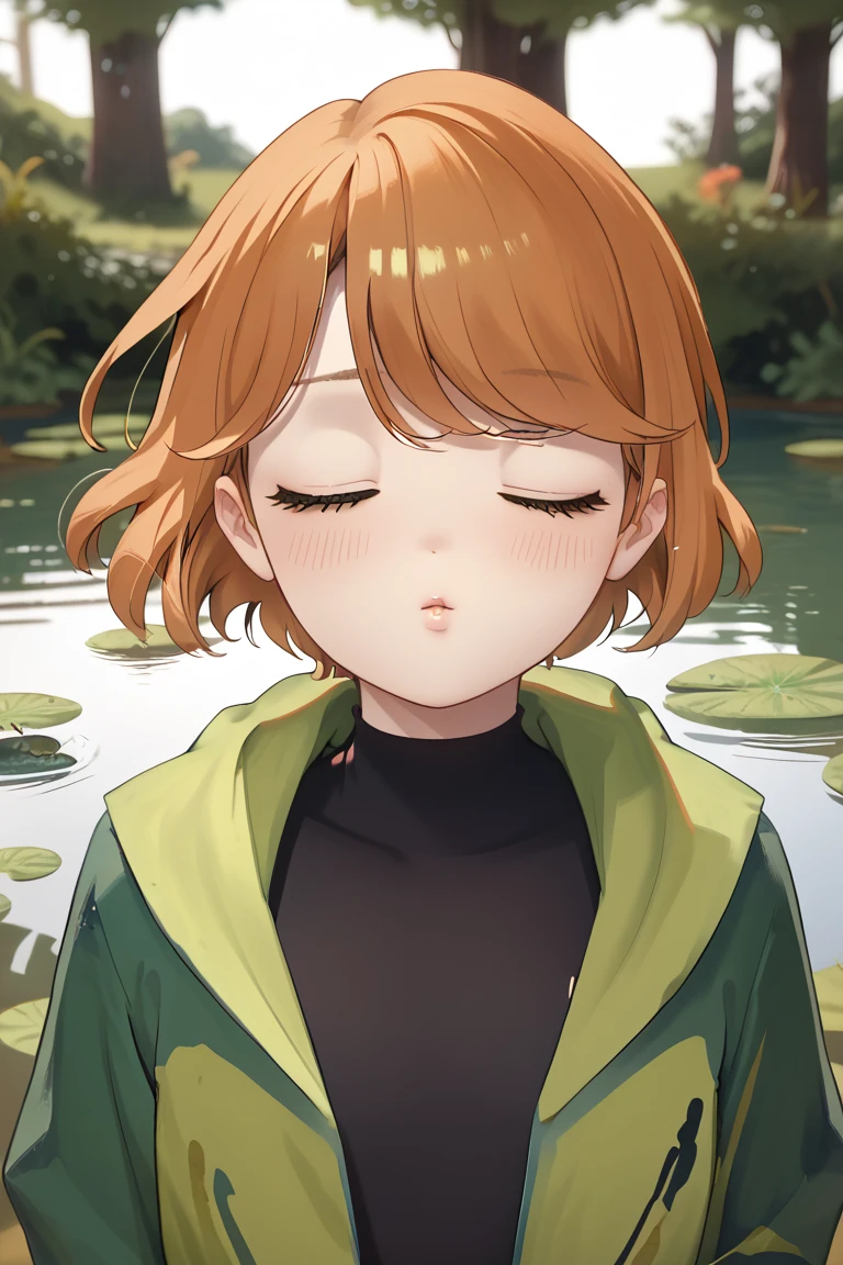 best quality, masterpiece, highres, solo, blush, incoming kiss, close eyes, beautiful girl, swept bangs, short hair, orange hair, medium body, swamp background, green jacket, green hood, open jacket, black shirt, 1girl, flat chest,