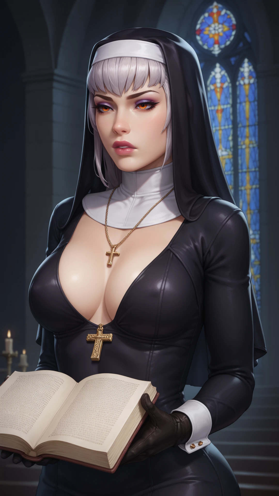 score_9, score_8_up, score_7_up,
 high quality , plump lips, shiny lips, natural breasts, uncensored, detailed eyes,, perfect Hand , Hand perfection, 
solo, 
church, nun veil, nun long dress, holding opened bible book, covered body, cross necklace, eyes on book, black gloves
long hair, makeup, purple lips, white hair, grey hair, eyeshadow, lipstick, orange eyes, mascara, bangs, 
, annoyed
