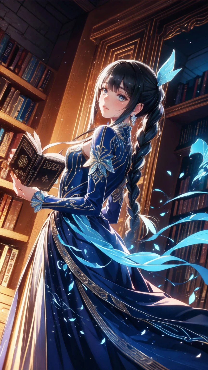 masterpiece, top quality, high definition , Cinematic Writing,Dramatic angle, 1 girl,Aladia , black hair, gradient hair, braids ,yellow eyes,young, holding a book ,reading,library,looking at viewer, happy ,(:d:0.68), behind your butt,