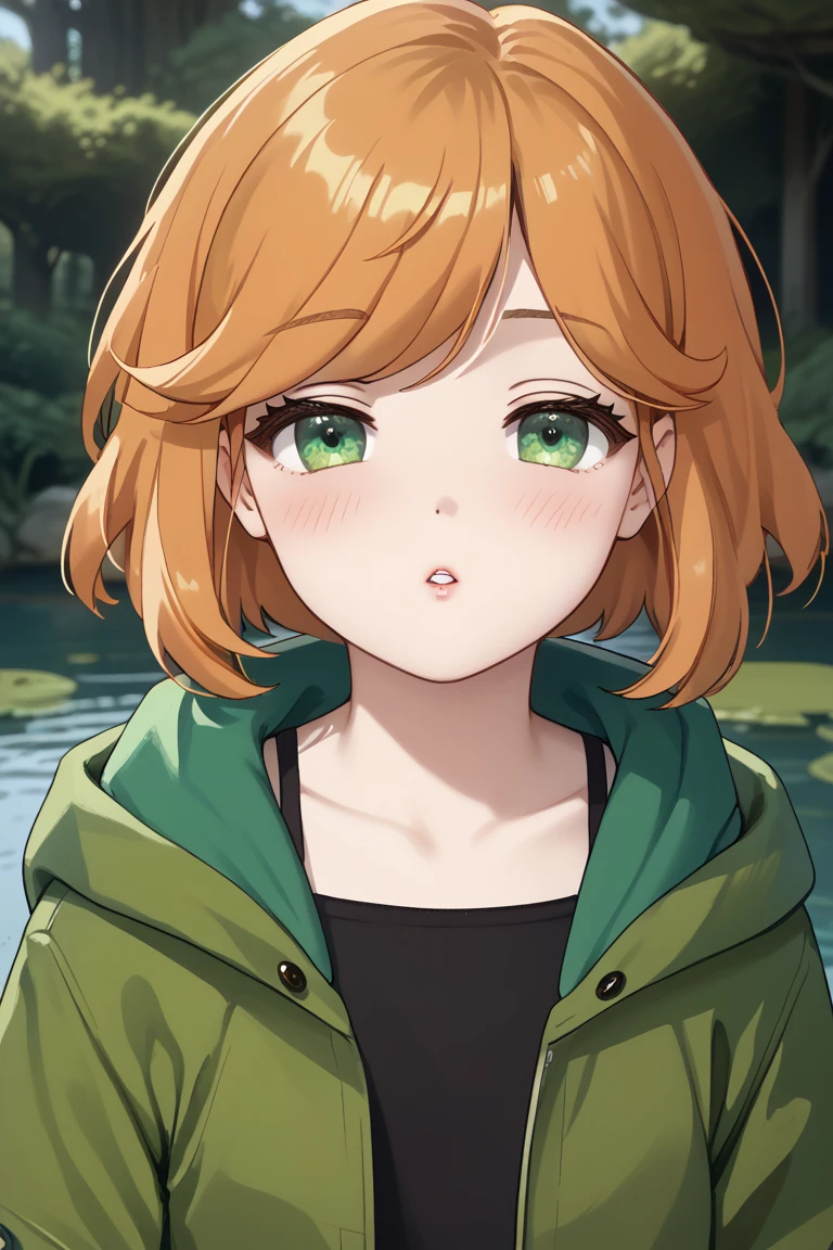 best quality, masterpiece, highres, solo, blush, incoming kiss, close eyes, beautiful girl, swept bangs, short hair, orange hair, medium body, swamp background, green jacket, green hood, open jacket, black shirt, 1girl, flat chest,