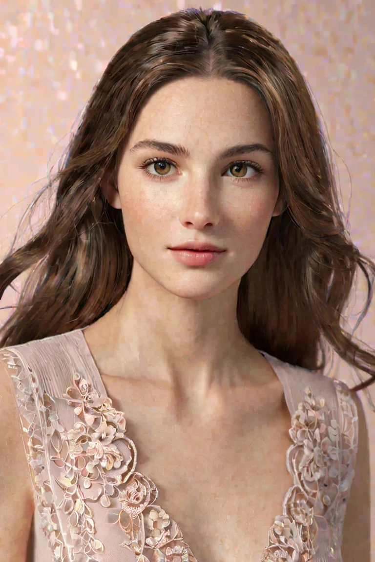 Create a hyper-realistic digital model of a young woman with delicate facial features. She has long, naturally wavy brown hair and flawless, fair skin. Her almond-shaped, slightly upturned eyes are adorned with subtle winged eyeliner and soft, neutral eyeshadow, giving an elegant look. The model’s lips are full, slightly parted, and have a natural pink tint. The expression is serene and confident, with a faint, soft gaze directed slightly to the side. The lighting is soft and natural, with a neutral background that enhances her features. Capture a detailed, lifelike portrait with attention to skin texture, natural lighting, and hair flow.