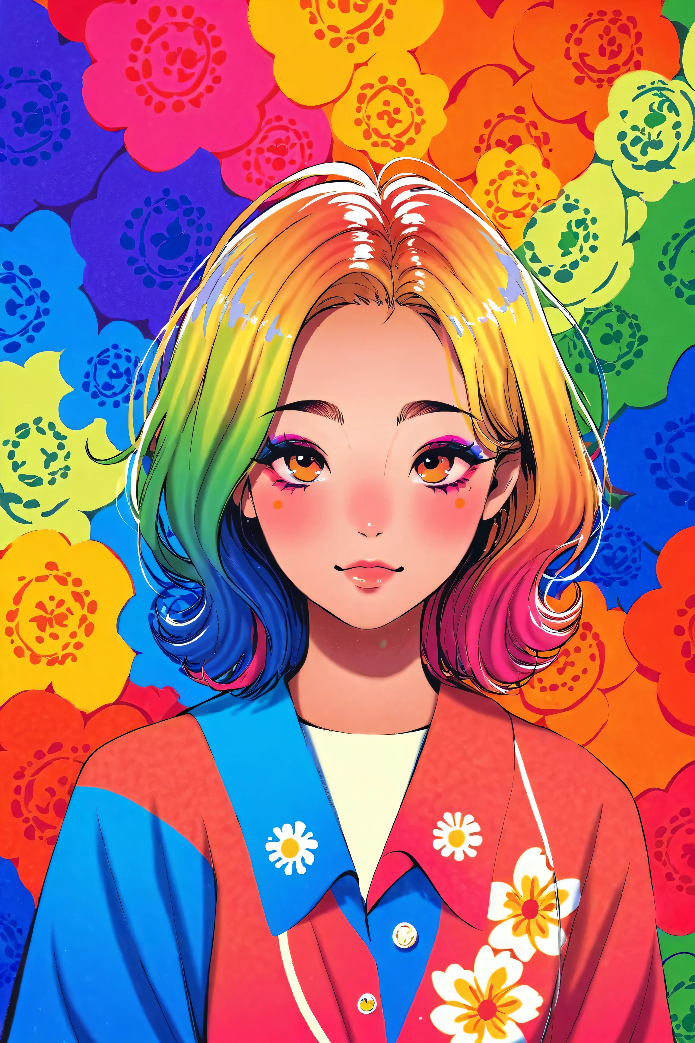 Create pop art-style digital artwork, Vibrant and confident woman featuring bold makeup and colorful fashion, movie color scheme, Surrounded by vintage floral patterns, Vibrant strokes,Emotions should be dynamic, Upper Body, , illustration, 
