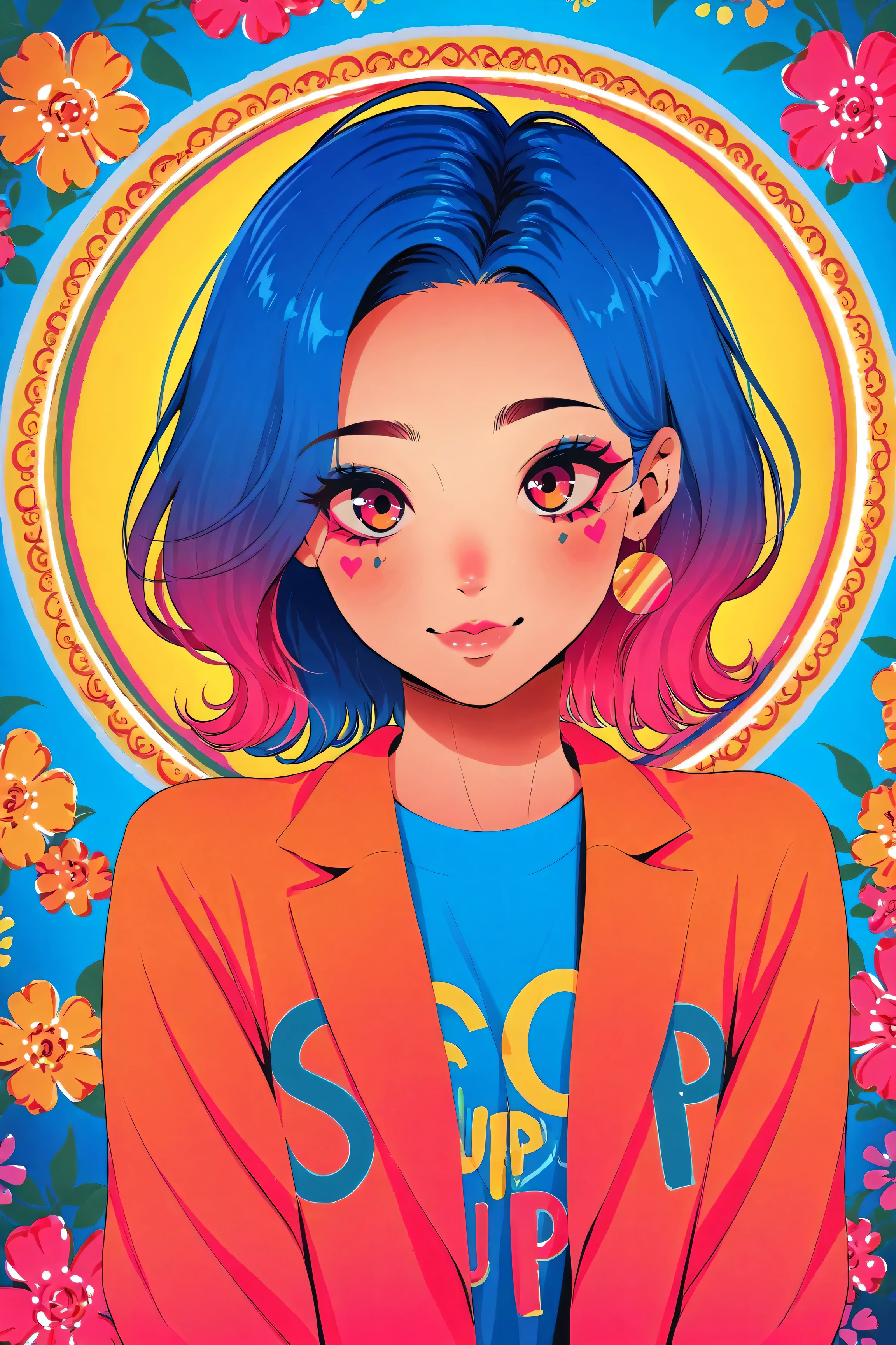 Create pop art-style digital artwork, Vibrant and confident woman featuring bold makeup and colorful fashion, movie color scheme, Surrounded by vintage floral patterns, Vibrant strokes,Emotions should be dynamic, Upper Body, , illustration, 
