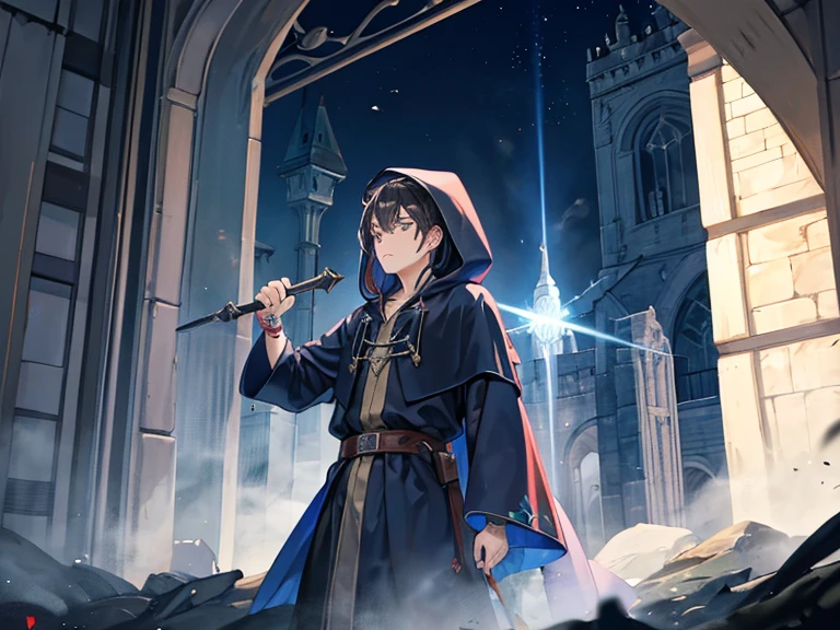  man,  Wizard,Fighting murderers with the magic of light, dark blue robe,waring hood,  bracelet , tattoo,  black hair, middle ages, In front of the station