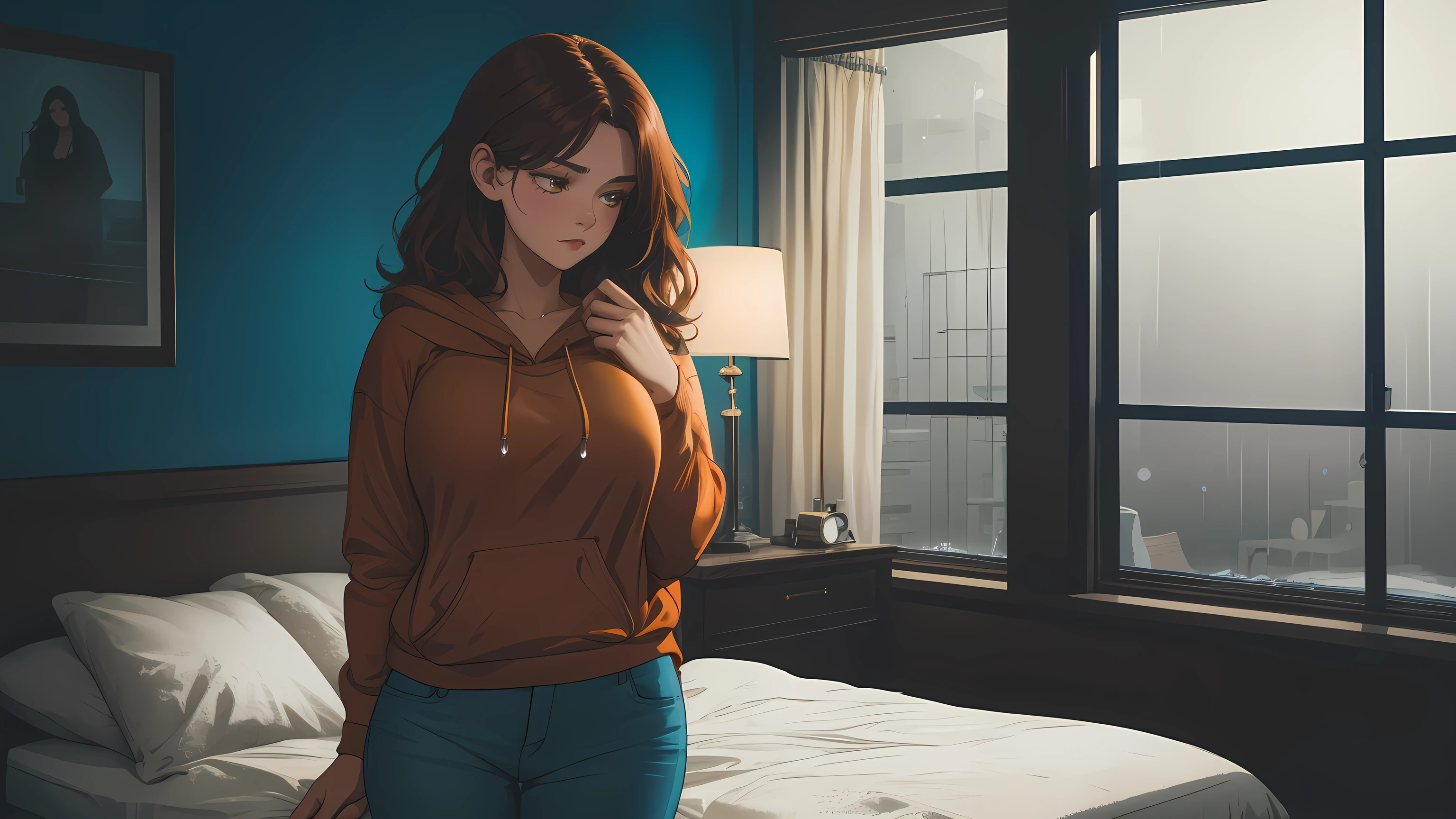 "A cozy and cinematic bedroom with a dark, rainy atmosphere featuring A woman medium boobs with short wavy auburn hair, wearing a lush cream hoodie and fit jeans laying on the bed. The room is illuminated by moody neon lights in shades of warm orange and teal, casting a soft glow on the walls. A vintage classic TV is playing static or an old movie, adding a nostalgic touch. Through the large glass window, heavy rain is visible, with water droplets streaming down the glass, creating a calming ambiance. The room features minimalistic furniture, with a comfortable bed and a small nightstand. The scene is rich with detail, evoking a sense of solitude and serenity."
