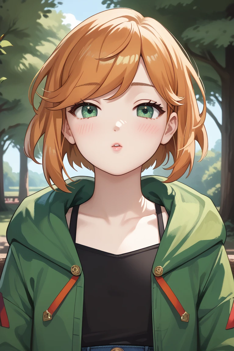 best quality, masterpiece, highres, solo, blush, incoming kiss, close eyes, beautiful girl, swept bangs, short hair, orange hair, medium body, trees background, green jacket, green hood, open jacket, black shirt, 1girl, flat chest,