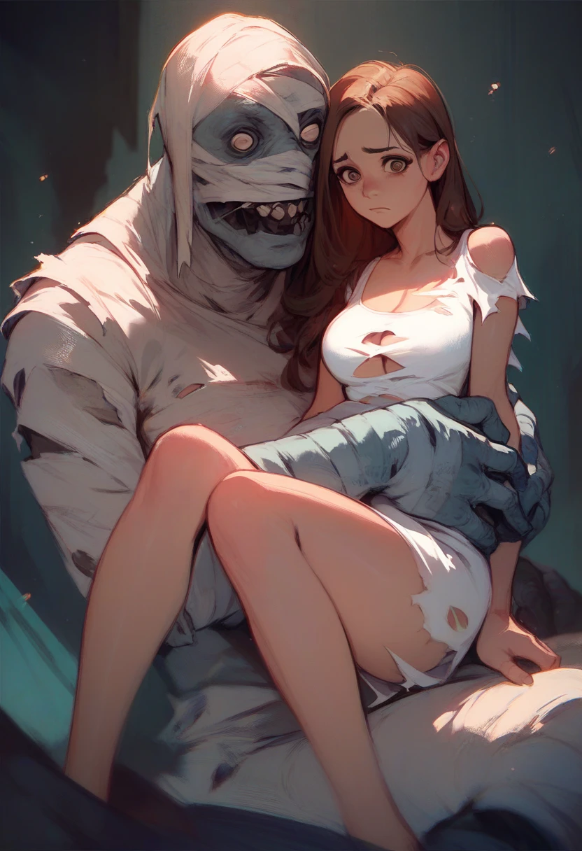 score_9, score_8_up, score_7_up, score_6_up, 1girl, brown hair, sitting on lap, brown eyes, 
monster, short dress, cleavage, torn dress, white dress, knees together feet apart, long hair, arm around waist, looking at viewer, blank eyes, worried, 
