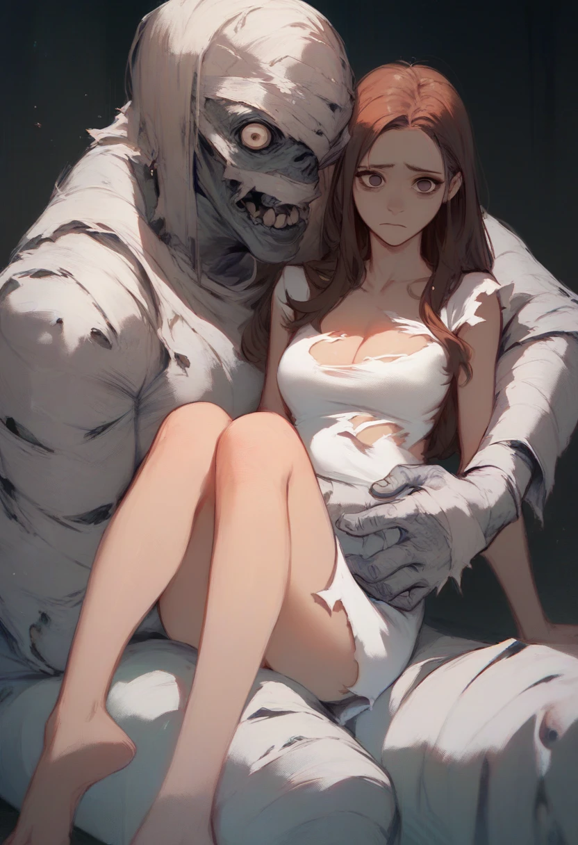 score_9, score_8_up, score_7_up, score_6_up, 1girl, brown hair, sitting on lap, brown eyes, 
monster, short dress, cleavage, torn dress, white dress, knees together feet apart, long hair, arm around waist, looking at viewer, blank eyes, worried, 
