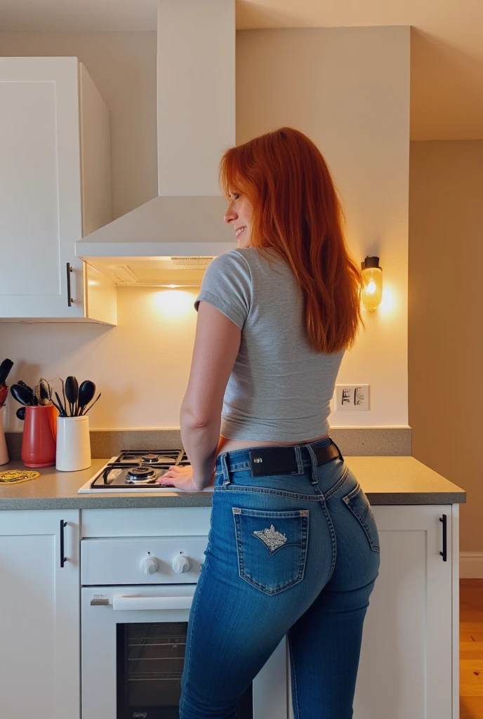 a redhead with ((hentai body)), ((large round soft and hanging hentai breasts)) ((thick ass)) blue eyes big red hair wearing a leather bra short blue skirt high boots. standing in the kitchen