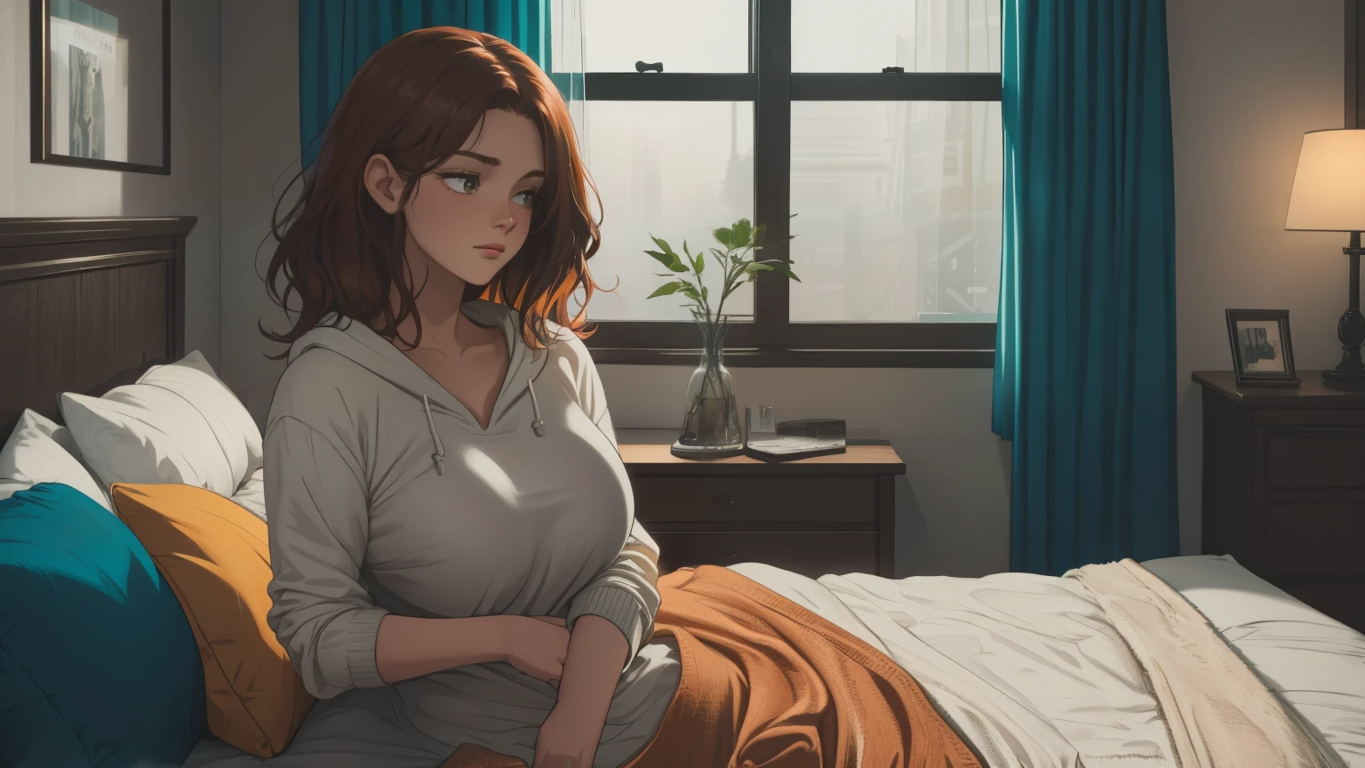 "A cozy and cinematic bedroom with a dark, rainy atmosphere featuring A woman medium boobs with short wavy auburn hair, wearing a lush cream hoodie and fit jeans laying on the bed. The room is illuminated by moody neon lights in shades of warm orange and teal, casting a soft glow on the walls. A vintage classic TV is playing static or an old movie, adding a nostalgic touch. Through the large glass window, heavy rain is visible, with water droplets streaming down the glass, creating a calming ambiance. The room features minimalistic furniture, with a comfortable bed and a small nightstand. The scene is rich with detail, evoking a sense of solitude and serenity."
