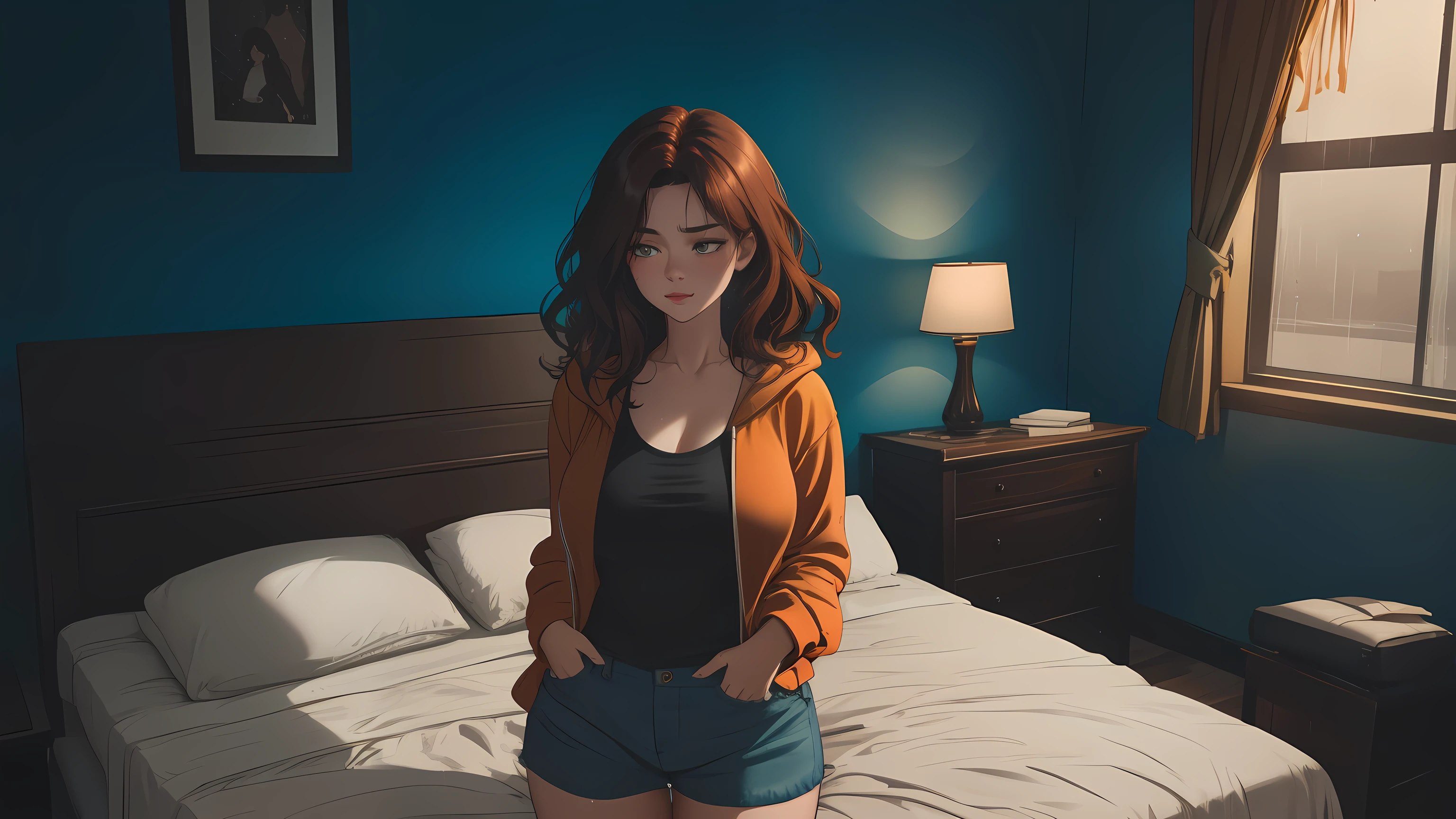 "A cozy and cinematic bedroom with a dark, rainy atmosphere featuring A woman medium boobs with short wavy auburn hair, wearing a lush cream hoodie and fit jeans laying on the bed. The room is illuminated by moody neon lights in shades of warm orange and teal, casting a soft glow on the walls. A vintage classic TV is playing static or an old movie, adding a nostalgic touch. Through the large glass window, heavy rain is visible, with water droplets streaming down the glass, creating a calming ambiance. The room features minimalistic furniture, with a comfortable bed and a small nightstand. The scene is rich with detail, evoking a sense of solitude and serenity."
