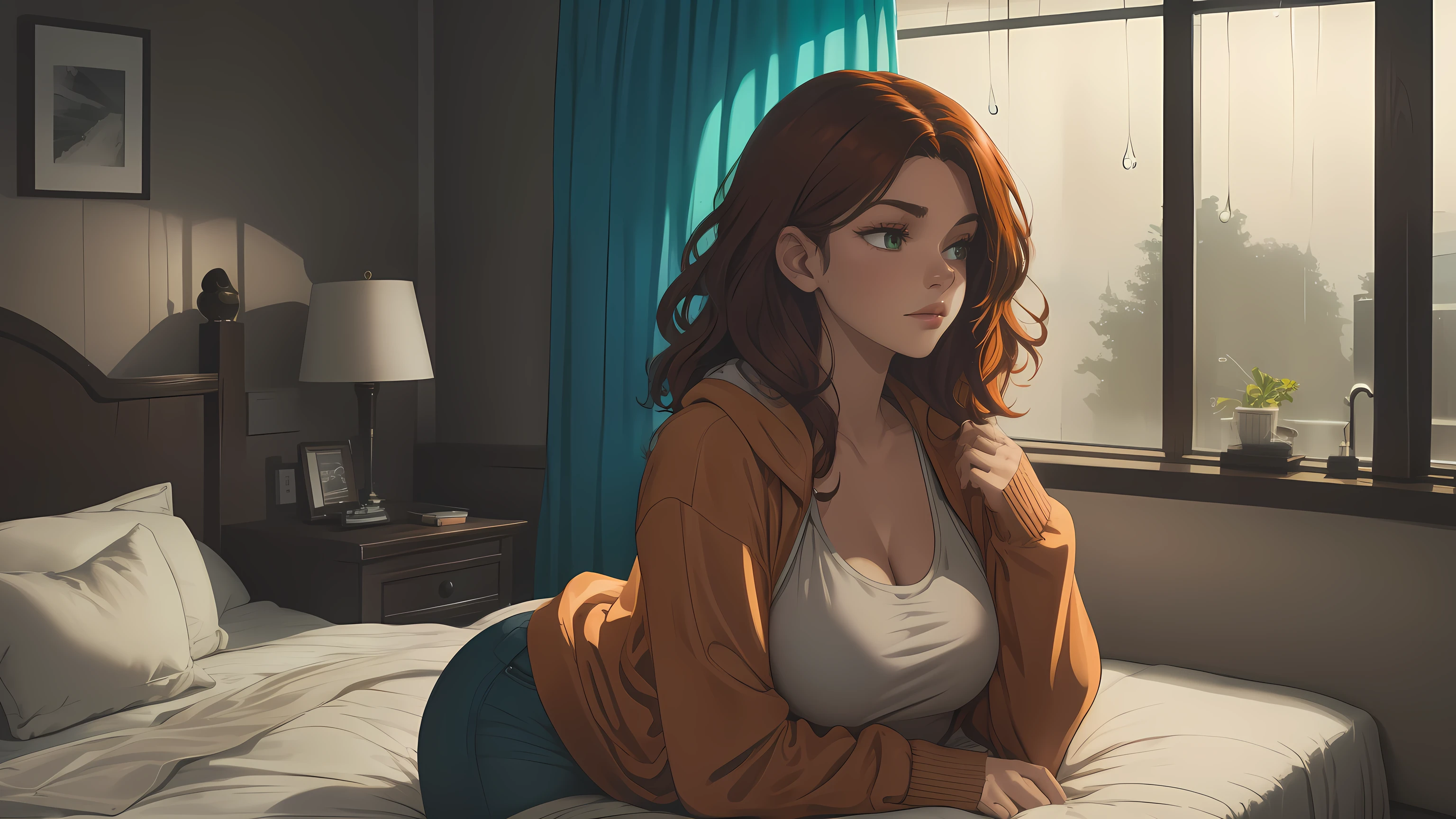 "A cozy and cinematic bedroom with a dark, rainy atmosphere featuring A woman medium boobs with short wavy auburn hair, wearing a lush cream hoodie and fit jeans laying on the bed. The room is illuminated by moody neon lights in shades of warm orange and teal, casting a soft glow on the walls. A vintage classic TV is playing static or an old movie, adding a nostalgic touch. Through the large glass window, heavy rain is visible, with water droplets streaming down the glass, creating a calming ambiance. The room features minimalistic furniture, with a comfortable bed and a small nightstand. The scene is rich with detail, evoking a sense of solitude and serenity."
