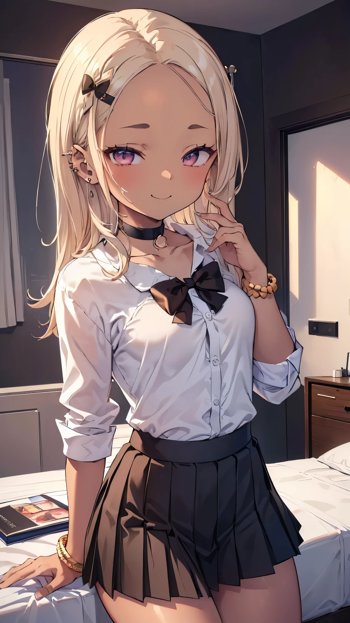 Femboy boy, feminine boy, tender, slim body, curves, thick thighs, flat chest, mini skirt, white shirt open, cute, submissive, tender, veiled stockings.
